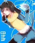  animal_ears black_hair energy_ball fingerless_gloves gloves highres jewelry lucario male midriff navel necklace pantyhose personification pokemon red_eyes solo takeshima_(nia) takeshimaaa 