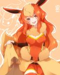  animal_ears black_gloves blush breasts brown_hair elbow_gloves fingerless_gloves flareon fur gloves head_tilt highres long_hair looking_at_viewer multicolored_hair open_mouth personification pink_eyes pinky_out pokemon red_hair red_legwear redhead skirt skirt_lift smile solo takeshima_(nia) thigh-highs thighhighs two-tone_hair 