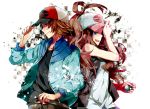  1boy 1girl adjusting_hat baseball_cap blue_eyes brown_hair english hat holding holding_poke_ball jacket long_hair naru_(andante) poke_ball pokemon pokemon_(game) pokemon_bw ponytail red_eyes short_hair smile touko_(pokemon) touya_(pokemon) vest 