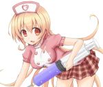  1girl :3 :d alternate_costume bad_id bent_over bonnou_soku_bodai breasts choujigen_game_neptune compa ears hat heart large_syringe long_hair nurse_cap open_mouth oversized_object pink_hair plaid pleated_skirt red_eyes skirt smile solo syringe very_long_hair 
