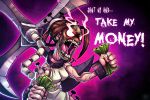  black_nails blade brown_hair glowing glowing_eyes hair_bun hospital_gown lanimal mask meme money muscle nail nail_polish open_mouth painwheel_(skullgirls) red_eyes skullgirls solo veins 