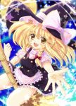  apron blonde_hair blush bow braid broom daiso hat hat_bow kirisame_marisa long_hair open_mouth puffy_sleeves short_sleeves side_braid single_braid solo star touhou witch_hat yellow_eyes 