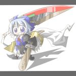  advent_cirno aoblue blue_hair blush bow cirno dual_wielding grin hair_bow long_sleeves puffy_sleeves purple_eyes short_hair short_sleeves smile solo sword touhou violet_eyes weapon 