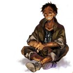  black_eyes black_hair cigarette dark_skin dorohedoro grin jacket kasukabe_(dorohedoro) male pants_rolled_up shoes simple_background sitting sleeves_rolled_up smile smoke sneakers solo tattoo 