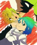  1girl blonde_hair blue_hair double_arts figarette_elraine gradient_hair green_eyes green_hair hand_holding holding_hands jacket kiri_luchile lavender_hair looking_at_viewer multicolored_hair open_mouth red_eyes saku_(pixiv526117) smile spiked_hair spiky_hair zipper 