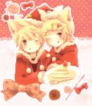  1girl animal_ears brother_and_sister cake cat_ears food kagamine_len kagamine_rin kemonomimi_mode looking_at_viewer short_hair siblings smile tenma_(xxx) twins vocaloid wink 