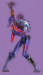  barefoot belt black_sclera electric_guitar fingerless_gloves flying_v gloves guitar instrument long_tongue male muscle plectrum purple_hair red_eyes shirtless sochie solo spiked_hair spikes spiky_hair tongue union_jack vampire_(game) zabel_zarock 