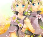  1girl alternate_costume blonde_hair blue_eyes brother_and_sister kagamine_len kagamine_rin lipstick locked_arms makeup midriff navel plum_blossom plum_blossoms siblings smile strap_slip toba_k twins vocaloid 