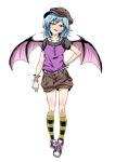  alternate_costume bat_wings blue_hair blush collarbone contemporary fang hat naodx open_mouth puffy_sleeves red_eyes remilia_scarlet short_hair short_sleeves shorts simple_background solo touhou white_background wings wrist_cuffs 