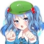  blue_hair blush bust face hair_bobbles hair_ornament hat kawashiro_nitori open_mouth paw_pose solo takeshima_(nia) touhou twintails 