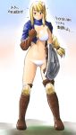  agrias_oaks blonde_hair blush boots bra braid breasts brown_eyes cleavage final_fantasy final_fantasy_tactics gloves knee_boots large_breasts legs long_hair midriff panties partially_translated payot shield single_braid solo thighs torn_clothes touarigamoemie translation_request underwear white_bra white_panties 