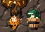  blonde_hair blush bow bucket fang green_eyes green_hair hair_bobbles hair_bow hair_ornament highres in_bucket in_container kisume kurodani_yamame long_sleeves madare-rin multiple_girls open_mouth red_eyes short_hair smile touhou twintails upside-down 