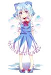  blue_eyes blue_hair blush bow cirno gingetsu_ringo hair_bow heart highres ice ice_wings puffy_sleeves short_hair short_sleeves smile solo standing touhou transparent_background wings 