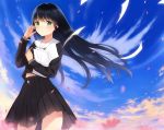  black_hair blush green_eyes kurasawa_moko long_hair original paper petals school_uniform skirt solo wind 