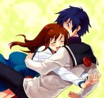  1girl blue_hair blush brown_hair glomp hirosuke hug long_hair open_mouth school_uniform short_hair smile summon_night 