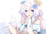  animal_ears bad_id blue_eyes blue_rose blush breasts bust cleavage crown flower flowers gloves hair_flower hair_ornament highres long_hair looking_at_viewer open_mouth original pink_hair rose solo takeshima_(nia) takeshimaaa white_gloves 