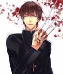  between_fingers black_keys brown_eyes brown_hair command_spell cross cross_necklace fate/zero fate_(series) jewelry kotomine_kirei male necklace solo zaqloxxx 