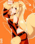  animal_ears arcanine arm_up bare_shoulders blonde_hair blush brown_eyes detached_sleeves fang fur_trim highres long_hair looking_at_viewer personification pokemon ponytail smile solo tail takeshima_(nia) 