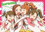  brown_eyes brown_hair futami_ami futami_mami hairband hug idolmaster long_hair minase_iori ribbon siblings side_ponytail smile takatsuki_yayoi twintails 