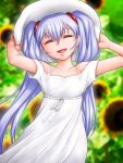  ^jj^ bare_shoulders closed_eyes dress eyes_closed flower hair_ornament hands_on_hat hat highres hoshino_ruri kidou_senkan_nadesico long_hair open_mouth purple_hair smile solo sunflower twintails white_dress 