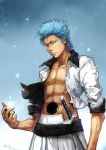  1boy arrancar black_sash bleach blue_eyes blue_hair collared_jacket cropped_jacket espada grimmjow_jaegerjaquez highres hole_on_body linjie male male_focus open_clothes open_jacket open_shirt parted_lips sash sheathed solo 