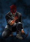  belt blood buckle chain chains clenched_teeth dorohedoro formal glaring hammer heart_(organ) male mask necktie one_knee scar shin shoes sneakers solo suit tuxedo 