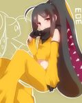  1girl ahoge bare_shoulders black_gloves black_hair creature_and_personification detached_sleeves extra_mouth gen_3_pokemon gloves highres looking_at_viewer mawile midriff navel pants personification pokemon pokemon_(creature) prehensile_hair red_eyes scarf sitting solo takeshima_(nia) 