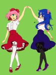  arm_up blue_hair blush giggles green_background hand_holding happy_tree_friends hirosuke holding_hands long_hair multiple_girls pantyhose personification petunia pink_hair short_hair simple_background smile 
