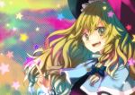  :d blonde_hair hat kayako_(tdxxxk) kirisame_marisa looking_at_viewer multicolored_background open_mouth rainbow_background smile solo star touhou 