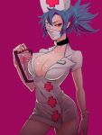  blue_hair breasts choker cleavage clipboard eyepatch gloves hair_over_one_eye hair_up hat large_breasts long_hair mask minidress moniusagi name_tag nurse nurse_cap nurse_hat ponytail red_cross red_eyes skullgirls solo surgical_mask symbol-shaped_pupils valentine_(skullgirls) white_gloves 