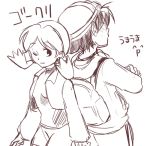  ^p^ backpack bag bangs baseball_cap blush crystal_(pokemon) gold_(pokemon) hat lowres monochrome pokemon pokemon_special shirou_(vista) shorts twintails wink 