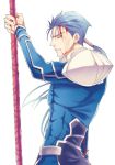  blood blood_on_face blue_hair earrings fate/stay_night fate_(series) gae_bolg highres jewelry lancer long_hair male oishii_garriel polearm ponytail red_eyes solo spear weapon 