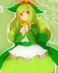  dress green_hair hat highres lilligant long_hair looking_at_viewer orange_eyes personification pokemon solo takeshima_(nia) 