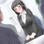  black_eyes black_hair blush breasts chair chupimaro dutch_angle female highres large_breasts long_hair nervous office_lady original pant_suit paper solo suit sweatdrop 