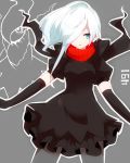  black_gloves blue_eyes darkrai dress elbow_gloves gloves grey_legwear hair_over_one_eye highres looking_at_viewer pantyhose personification pokemon scarf solo takeshima_(nia) white_hair 