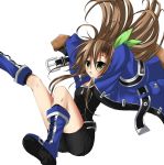  :o arms_up boots bow boyshorts brown_hair choujigen_game_neptune dialclock green_eyes hair_bow hands_in_sleeves highres if_(choujigen_game_neptune) long_hair long_sleeves looking_at_viewer open_mouth solo 