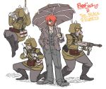  3girls beard black_egrets boots brendan_cheong cross cross_necklace facial_hair formal gas_mask genderswap gun hair_over_one_eye hand_in_pocket helmet knee_boots military military_uniform multiple_girls parasoul_(skullgirls) red_hair redhead short_hair skullgirls soldier submachine_gun suit umbrella uniform walkie-talkie weapon yellow_eyes 