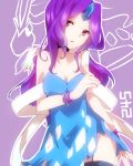  bare_shoulders black_legwear breasts cleavage dress forehead_jewel garter_straps head_tilt highres long_hair looking_at_viewer nail_polish personification pokemon purple_hair red_eyes sash solo strapless_dress suicune takeshima_(nia) takeshimaaa thigh-highs thighhighs wristband 