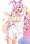  animal_ears bottomless breasts bunny_ears candy centi-m cleavage fang lollipop long_hair long_sleeves multicolored_hair open_mouth original rabbit_ears red_eyes shirt sleeves_pushed_up solo two-tone_hair wavy_hair white_hair 