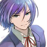  1boy blue_eyes blue_jacket closed_mouth copyright_request hair_between_eyes highres jacket looking_at_viewer neck_ribbon purple_hair red_neckwear red_ribbon reiesu_(reis) ribbon signature simple_background solo white_background 