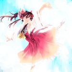  arm_up armpits ascot bow brown_eyes brown_hair dancing detached_sleeves dress floating_hair hair_bow hakurei_reimu highres kayako_(tdxxxk) lace long_hair looking_away pale_color ponytail pose red_dress sky solo standing_on_one_leg touhou wide_sleeves 