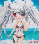  bikini blush breasts chibi cleavage eyepatch frilled_bikini frills front-tie_top infinite_stratos laura_bodewig long_hair munmu navel open_mouth red_eyes sample side-tie_bikini silver_hair skindentation smile swimsuit thigh_gap traditional_media twintails 