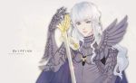  armor berserk blue_eyes character_name griffith kittyxxx lips long_hair male solo sword weapon white_hair wings 