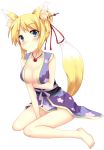  ?? animal_ears barefoot blonde_hair blue_eyes blush breasts cleavage dog_days dog_ears dog_tail female fox_ears fox_tail hair hair_ornament hair_stick kneeling looking_at_viewer necklace plain_background sea_(lordofk) short_hair simple_background sitting smile solo tail white_background yukikaze_panettone 