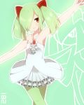  bare_shoulders blush crossed_legs_(standing) dress frills green_hair green_legwear hair_over_one_eye highres kirlia looking_at_viewer outstretched_arms pantyhose personification pokemon red_eyes smile solo spread_arms takeshima_(nia) twintails 