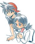  1girl baseball_cap black_hair blue_eyes blush crystal_(pokemon) hat holding labcoat petting pokemon pokemon_special red_(pokemon) shirou_(vista) shy simple_background twintails 