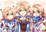  3boys armor blonde_hair chung_seiker deadly_chaser_(elsword) elsword green_eyes hair_flaps iron_paladin_(elsword) long_hair male_focus multiple_boys multiple_persona ponytail rudia scarf shelling_guardian_(elsword) smile spiked_hair symbol-shaped_pupils 