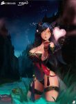  2girls ahri animal_ears annie_hastur bare_shoulders black_hair blowing_kiss blown_kiss breasts cleavage epic facial_mark fox_ears fox_tail heart highres instant-ip large_breasts league_of_legends long_hair multiple_girls night parted_lips tail teemo thighs water yellow_eyes 