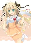  &gt;_&lt; /\/\/\ 1girl :d anna_miller bird blonde_hair chick chicken copyright_request dress green_eyes hair_ribbon open_mouth orange_dress purinko ribbon smile tray waitress 