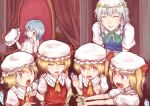  ascot bat_wings black_eyes blonde_hair blue_hair blush bow braid braids clone closed_eyes crystal curtains eyes_closed fang flandre_scarlet four_of_a_kind_(touhou) grey_hair group hair_bow hat hat_removed hat_ribbon head_wreath headwear_removed izayoi_sakuya kouzilow maid multiple_girls open_mouth ponytail red_eyes remilia_scarlet ribbon short_hair side_ponytail sitting smile sweatdrop throne touhou twin_braids vampire wings wink 
